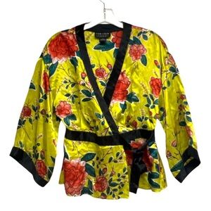 Vintage Floral silk wrap V-neck kimono blouse top sz S Spencer Jeremy